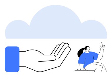 Bir bulutun altında büyük bir el hareketi, gökyüzünü gösteren kişi, bağlantıyı, teknolojiyi, iletişimi, işbirliğini, yeniliği, rehberliği ve desteği sembolize ediyor. Basit bir metafor.