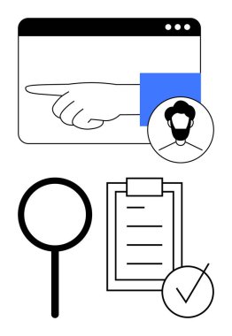 Tarayıcı penceresi, profil simgesi, büyüteç, listeli pano, kontrol işareti. Kullanıcı deneyimi, navigasyon, arama, kimlik doğrulama görevleri için ideal soyut satır