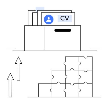 CV belgesi ve profil kartı içeren dosya dizini, bulmaca blokları piramit oluşturma, yukarı doğru oklar. İşe alım, İK, kariyer büyümesi, işe alım süreci, iş başvurusu, strateji takım çalışması için ideal