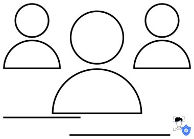 Küçük bir avatar ikonu ve kalkan üzerine ince odaklı üç insan profilinin minimalist taslağı. Takım yönetimi, işbirliği, liderlik, güvenlik, kimlik, dijital güvenlik, iş için ideal