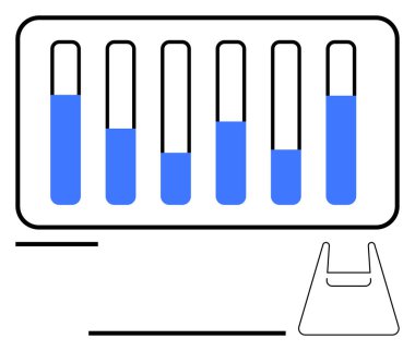 Laboratuvar test tüplerinin yarısı Erlenmeyer matarası özetiyle dolu. Kimya, bilim, eğitim, araştırma, analiz, tıp eğitimi ve yenilik temaları için ideal. Düz basit metafor