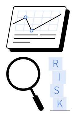 Grafik çizgisine odaklanan büyüteç yukarı doğru yükseliyor ve risk blokları dikey olarak yığılıyor. Analiz, karar verme, risk yönetimi, strateji, büyüme analizi, planlama, soyut çizgi için ideal