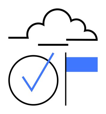 Bulut çizgisi üzerinde daire şeklinde mavi işaretler ve yan tarafında bayrak var. Proje yönetimi, hedef belirleme, takım çalışması, bulut depolama, başarı, verimlilik, görev takibi için ideal. Düz basit metafor
