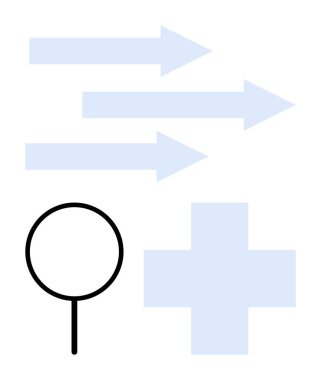 Yön ve hareketi gösteren mavi oklar analiz için büyüteç artı büyüme için sembol. Yenilik, araştırma, ilerleme, çözümler, yön bulma sağlık hizmetleri için idealdir. Düz