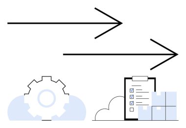 İlerlemenin yönünü gösteren oklar, mekanik teçhizatlar, işaretli görevlerle kontrol listesi ve istiflenmiş paketler. Çalışma akışı, lojistik, üretkenlik, planlama, organize hedef belirleme süreci için ideal