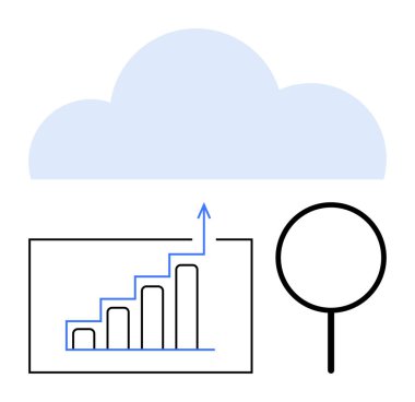 Büyüme, büyütme camları ve bulutları olan bar tablosu veri analizini, çevrimiçi depolamayı ve aramayı temsil ediyor. Veri yönetimi, araştırma, teknoloji, yenilik bulut hesaplama analitiği için ideal