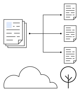 Belge yığını, veri dağılımını sembolize eden satırlarla birden fazla dokümana bağlanır. Dijital depolama ve büyüme kavramları için bulut ve ağaç içerir. Paylaşım ve yönetim için ideal