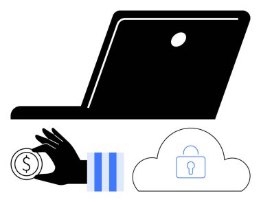 Laptop silueti, el ele tutuşan bozuk para, veri güvenliğini simgeleyen kilitli bulut, çevrimiçi ödemeler ve bulut depolama. Teknoloji, finans, siber güvenlik, dijital iş fintech için ideal
