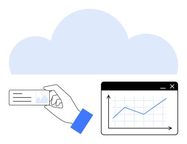 El kavrayıcı kimlik kartı, arka planda bulut ve yükselen grafik okuyla ekran. Bulut hesaplama, veri analizi, güvenlik, kimlik yönetimi, sanal depolama büyümesi için ideal. Düz