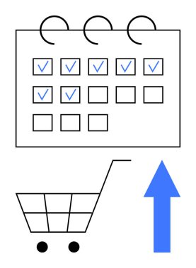 Şebeke takviminin altında görev tamamlamayı sembolize eden çeklerle birlikte araç yukarı ok, büyüme, verimlilik ve zamanlamayı öneriyor. Üretkenlik, e-ticaret, hedef belirleme, strateji, lojistik için ideal
