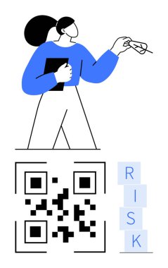 Yığılmış blokların yanında RISK yazımını içeren bir QR kodunu tararken elinde tablet tutan kadın. Siber güvenlik, teknoloji, risk yönetimi, karar verme, dürüstlük, yenilik için ideal