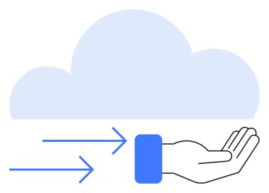 Bulut ve oklar açık bir ele veri akışını temsil ediyor. Teknoloji, veri erişimi veya destek kavramı olarak. Bulut hesaplama, veri paylaşımı, teknoloji, erişilebilirlik ve yenilik için ideal