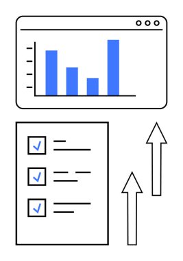 Ekranda çubuk grafik, işaretli kontrol listesi, büyümeyi ve başarıyı simgeleyen yukarı doğru oklar. Analiz, planlama, üretkenlik, hedefler, performans takibi için ideal basit verimlilik