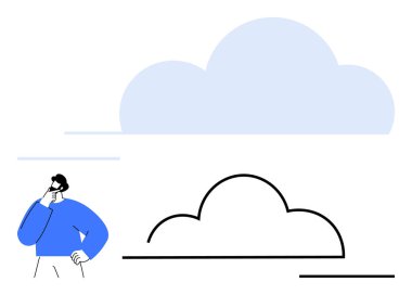 Mavi gömlekli bir adam, bulutların yanında soyut şekiller düşünüyor. Fikirler, yenilik, karar verme, bulut hesaplama, yaratıcılık, problem çözme, dijital çözümler için idealdir. Düz basit metafor