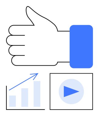 Baş parmaklı el hareketi, yükselen bar çizelgesi ve çalma düğmesi. Başarı için ideal, sosyal medya, analitik, büyüme, nişan onayı takım çalışması. Düz basit metafor