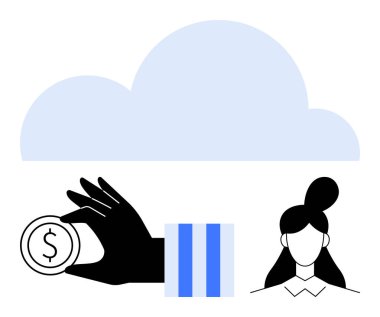 Kara El bozuk para tutuyor, mavi çizgili kollu, Bulutların yanında çörek saç stili olan kadın figürü. Finans, teknoloji, tasarruf, bulut depolama, e-ticaret yaratıcılığı için ideal. Düz basit