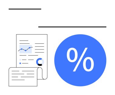Grafik ve grafikleri gösteren mali belgeler, mavideki büyük yüzdelik sembolün yanında. Finans, iş stratejisi, veri analizi, istatistik, muhasebe, yatırım, tahmin