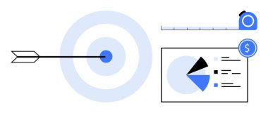 Oklu hedef, pasta grafiği verileri ve ölçüm bandı planlama, doğruluk, ölçüm, analiz öneriyor. Strateji için ideal, hedef veri finansmanı planlaması iş netliği. Düz