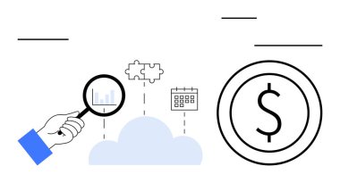 Veri odaklı el ele tutuşan büyüteç bulmaca parçaları, takvim, dolar işareti. İş analizi, bulut hesaplama, mali strateji, planlama, çözümler araştırması için ideal