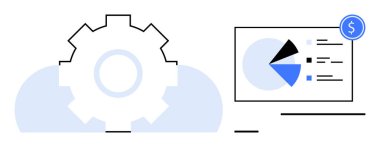 Dişli simgesi bulutu, pasta grafiği ve finansal öğeyi gösteren veri tablosu ekranı ile kaplar. Bulut teknolojisi, finans, optimizasyon, veri analizi, strateji, iş akışı, verimlilik için ideal. Düz