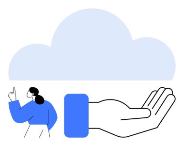 Yukarı bakan bir kadının işaret ettiği açık avuç içi bulut sembolü, fikirleri, teknolojiyi veya dijital hizmetleri öneriyor. Teknoloji, destek, bulut hizmetleri, veri depolama, ağ için ideal