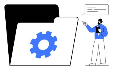 Dosya yönetimini temsil eden dişli büyük dizin simgesi. Organizasyonu sunan ve tartışan iş adamı. Çalışma akışı, takım çalışması, eğitim, üretkenlik, yazılım, planlama, veri için ideal