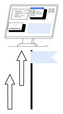 Bilgisayar monitörü yukarı doğru ok atarak bayrağa giden çeşitli gereçleri ve araçları gösteriyor. İş akışı optimizasyonu, ilerleme izleme, hedef belirleme, başarı, üretkenlik, motivasyon için ideal