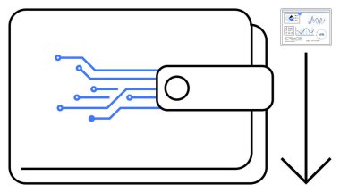 Cüzdanı gömülü devre hatları ve aşağı doğru ok veri, ödeme transferi anlamına gelir. Fintech, kripto para birimi, dijital ekonomi, e-ticaret, işlemler, veri güvenliği yeniliği için ideal. Düz