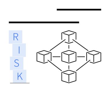 Blockchain bağlantılı küpler ve RISK sözcüğü dikey olarak istiflenmiş. Siber güvenlik, veri bütünlüğü, ademi merkeziyet, risk analizi, finans sistemleri, blok zinciri, soyut düz metafor için ideal