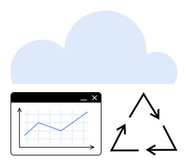 Çizginin üzerindeki mavi bulut ve üçgen geri dönüşümlü oklar veri depolama, analitik ve sürdürülebilirliği sembolize ediyor. Teknoloji, çevre, veri yönetimi, iş dünyası ve ekonomi için ideal