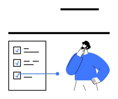 İşaretli nesneler ve görevleri gösteren oklar olan bir listenin yanında çenesini dikkatlice tutan kişi. Üretkenlik, karar verme, görev yönetimi, planlama, organizasyon ve öncelikler için ideal