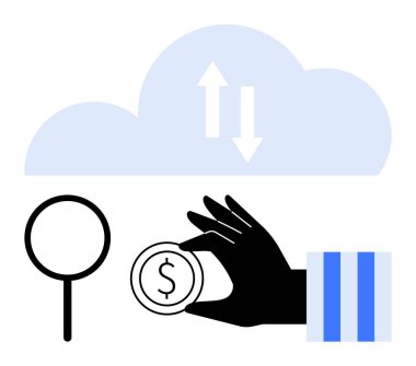 El ele tutuşan para, finans simgesi analiz için büyüteç, veri akışı için okları olan bulut. Finansal teknoloji, bulut depolama, analitik, yenilik, yatırım, ekonomi verileri için ideal