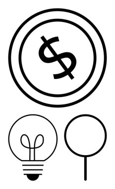 Dolar işaretli sikke, ampul ve finans, yaratıcılık ve analizi temsil eden büyüteç. İş, araştırma, yenilik ekonomisi problem çözen beyin fırtınası eğitimi için idealdir. Düz