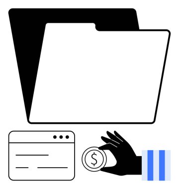 Dizin simgesi, tarayıcı penceresi, mali verileri, dosya organizasyonunu, çevrimiçi işlemleri gösteren bir madeni parayı tutan el. Finans, bütçe, tasarruf, dijital araçlar güvenlik organizasyonu için ideal