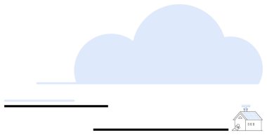 Büyük bulut veriyi ya da bağlantıyı sembolize eder. Anteni olan küçük, akıllı bir evin üzerinde asılı kalır. Teknoloji için ideal, bulut depolama, IOT, yenilik, minimalizm, otomasyon, düz basit metafor