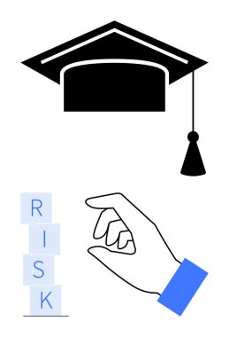 Mezuniyet şapkası yanında RISK 'in yazılışını engelleyen, eğitimi, tercihleri ve hesaplanmış riskleri temsil eden bir el başlığı. Öğrenme, strateji, güçlendirme, fırsat, hırs için idealdir.
