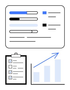 İlerleme çubukları olan veri paneli, işaretli görevleri olan kontrol listesi ve yükselen trend çubuk grafiği. Analiz, veri yorumu, planlama, üretkenlik, hedef belirleme, düz izleme için ideal