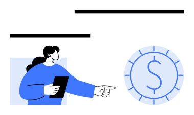 Tablet tutan kadın, büyük paralara işaret ediyor, finansal odaklanmayı sembolize ediyor. Finans, iş planlaması, yatırım, tasarruf, strateji rehberliği para yönetimi için idealdir. Düz basit