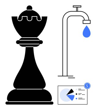 Satranç kalesi sembolize stratejisi, sürdürülebilirlik için musluk ve kaynak yönetimi için veri tablosu. Strateji, sürdürülebilirlik, ekonomi, karar verme, kaynaklar ve iş için ideal