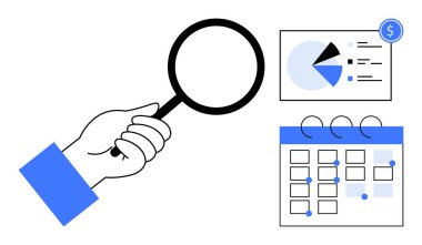 El ele tutuşup büyüteç tarama grafiği ve takvimi inceliyoruz. Analiz, üretkenlik, planlama, finans, piyasa araştırması, program, iş stratejisi için ideal. Düz basit metafor