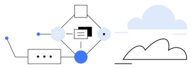 Dijital sistemlerin bağlanabilirliğini ve bulut veri depolamasını gösteren geometrik şekiller, düğümler ve bulut elementleriyle işlem akışı. Teknoloji, yenilik, bulut hesaplama, süreç, ağ kurmak için ideal