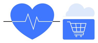 Nabız çizgisi bir alışveriş arabası ikonuna dönüşen bir kalp. Bulutla kaplı. Dijital sağlık hizmetleri, çevrimiçi alışveriş, e-ticaret, sağlık izleme, bulut hizmetleri, teknoloji ve bağlantı için ideal
