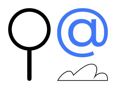 Büyüteç, semboldeki mavi e-posta ve bulut ana hatları arama, iletişim ve bulut depolamayı temsil ediyor. Teknoloji, veri paylaşımı, e-posta hizmetleri, bağlantı yeniliği için ideal