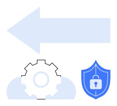 Yatay olarak büyük bir ok, ayarları temsil eden bir bulut teçhizatı ve bir kilit kalkanı simgesi. Veri transferi, yazılım yapılandırması, güvenlik önlemleri, bulut depolama, şifreleme için ideal