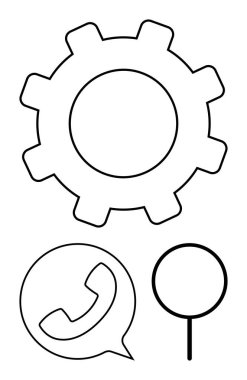 Vites tekeri, konuşma balonunu ara ve konum kodu mekanik, iletişim ve navigasyonu belirt. İş akışı, destek, teknik bağlantı yönlendirme planlama süreci için ideal. Düz basit