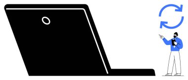 Resmi kıyafetli bir adam, geniş bir dizüstü bilgisayarın yanında, tazelenmiş okları işaret ediyor. Teknoloji, güncellemeler, senkronizasyon, takım çalışması, eğitim, stratejik dijital dönüşüm için ideal. Düz basit metafor