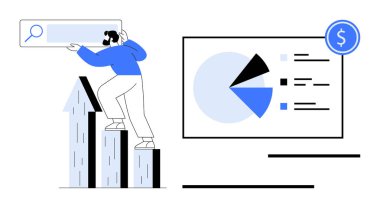 Pasta grafiği ve finansal ikona yakın büyüme konseptiyle arama çubuğuna tırmanan kişi. Ticari büyüme, finans, analitik, strateji, başarı, yenilik ve veri için idealdir. Düz basit