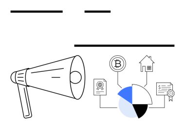 Megafon, kripto para, gayrimenkul, pasta grafiği ve belgelerle bağlantılı finansal kavramları destekliyor. Finans, pazarlama, yatırım, kripto stratejisi ve iş büyümesi için ideal