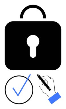 Büyük siyah asma kilit, daire şeklinde mavi işaret ve kalem ile imzalanan el işareti güvenlik, güven, kimlik doğrulama, onay, onay, doğrulama ve düz bir mecazda uyumu akla getiriyor.
