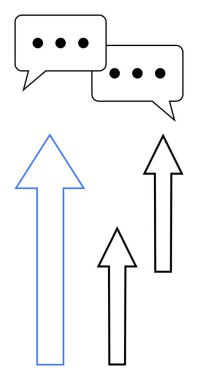 Sohbet baloncukları, konuşmayı temsil eden elipslerle büyümeyi, ilerlemeyi, işbirliğini ya da başarıyı sembolize eden yükselen oklarla eşleştirilir. Takım çalışması, yenilik, liderlik, iletişim için ideal